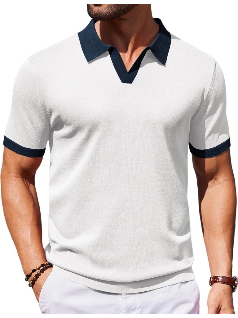 Men's White Navy Blue 100% Polyester V Neck Short Sleeve Stretch Knit Polo Shirt